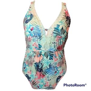 NWT Tropical Boho Floral Crocheted Plunge Neck One Piece Swimsuit